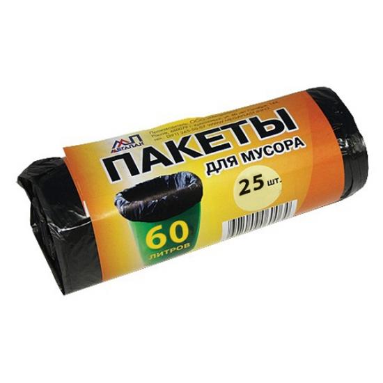 Пакеты мусорные  60л 25 шт рулон черный (5)