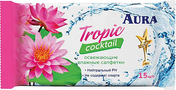 Влажные салфетки АУРА 15шт антибактериальные тропический коктейль компакт