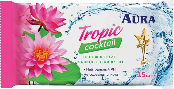 влажные салфетки АУРА 15шт антибактериальные тропический коктейль компакт