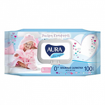Влажные салфетки АУРА 100шт детские Ultra Comfort с крышкой 