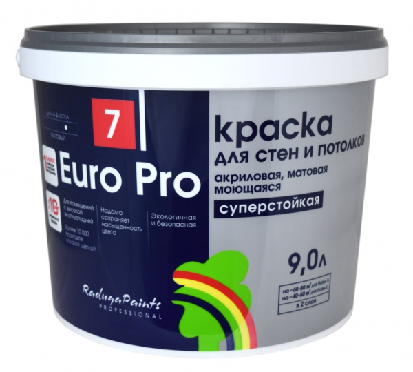 Краска в/д интерьерная влагостойкая "Euro Pro"база А 9 л